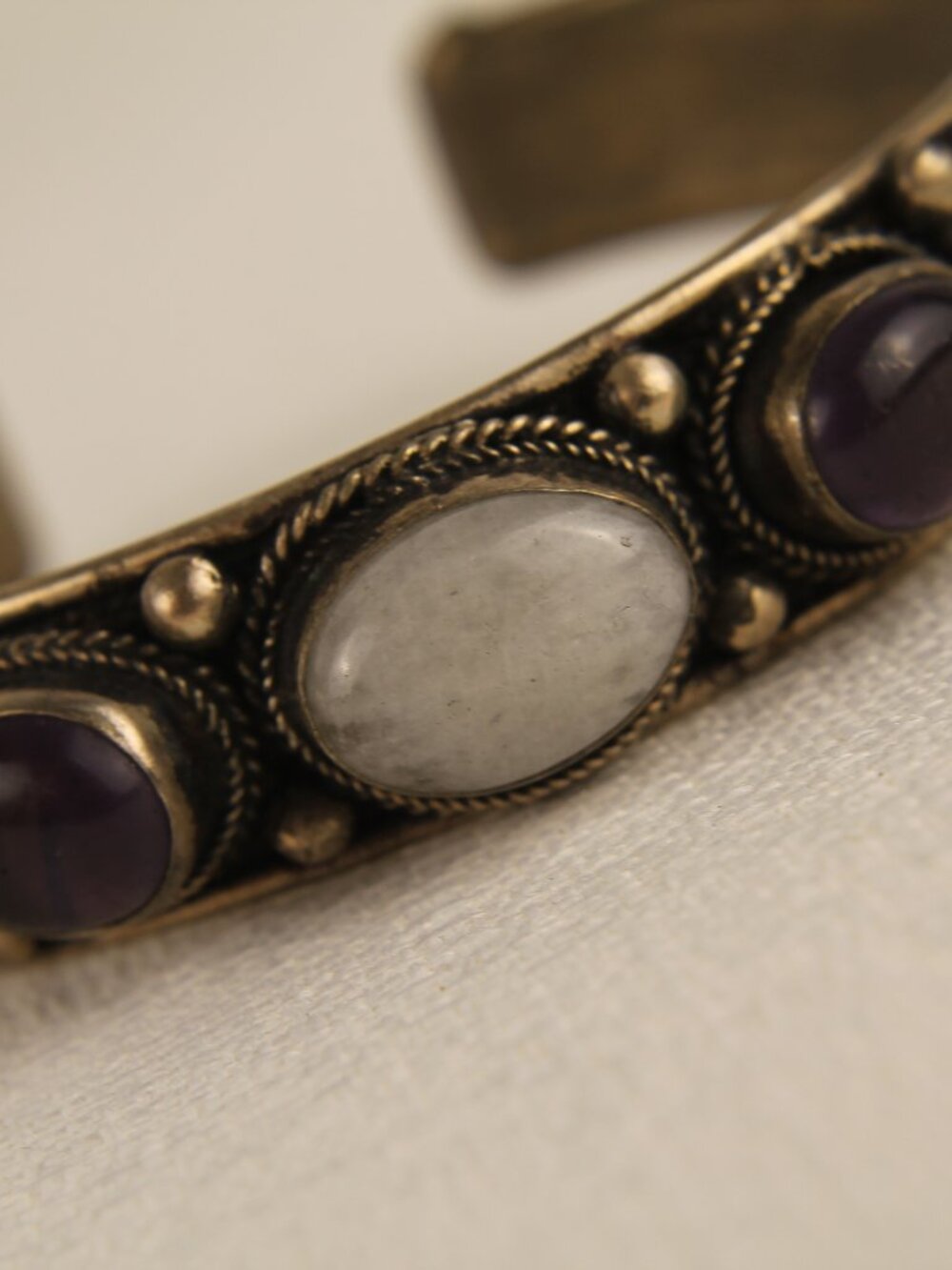Vintage Silver Moonstone Amethyst Cuff Bracelet Tested Boho Artisan